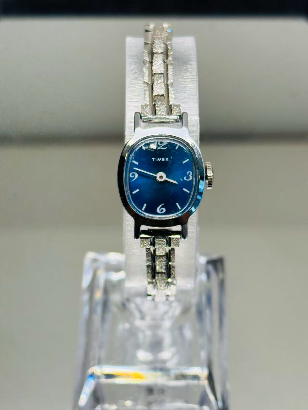 Vintage Timex Ladies Manual Wind 16mm Blue Dial Silver Tone Bracelet Watch Runs